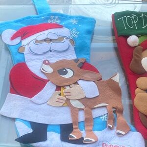 Festive Santa & Reindeer Felt Stocking - Bright Blue & Red